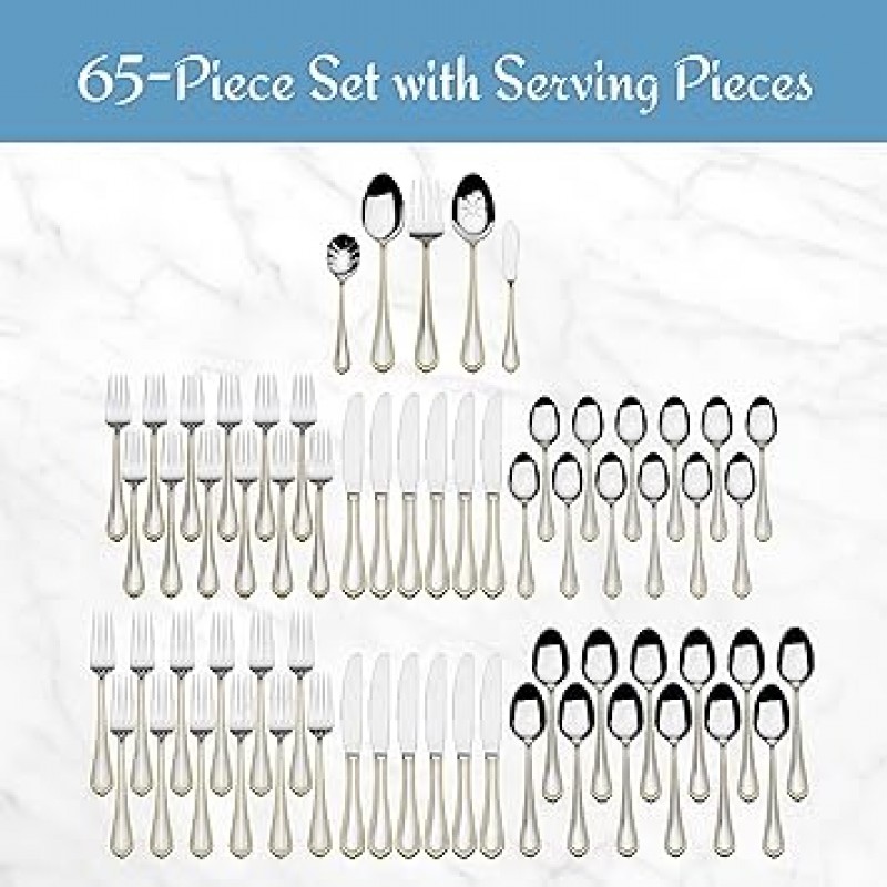 Mikasa 65 Piece Regent Bead Gold Stainless Steel Flatware Set (Set of 12), Silver by Mikasa [병행 수입품]