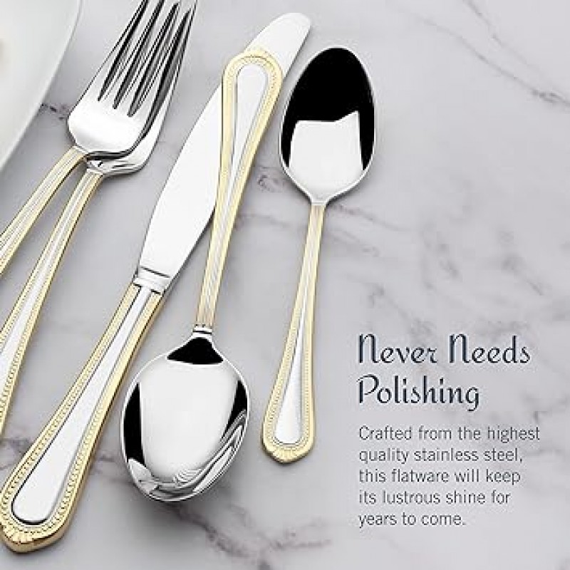 Mikasa 65 Piece Regent Bead Gold Stainless Steel Flatware Set (Set of 12), Silver by Mikasa [병행 수입품]