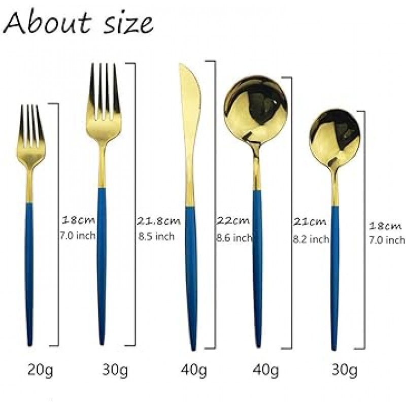 JASHII 블루 골드 은 식기 세트 20 점 스테인레스 스틸 새틴 마감 플랫웨어 세트 주방 용품 세트 경면 연마 식기 칼 붙이 세트 가정과 레스토랑 용 식기 세척기 대응