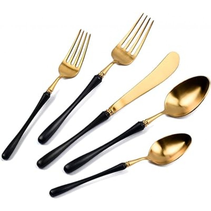 briiec 럭셔리 블랙 핸들 골드 18 / 10 Stainles 강철 Flatware 세트, 슬림 칼 붙이 주방 호텔 레스토랑 웨딩 파티, 매트 마감, 식기 세척기 안전 BRIXIAOMANBG54