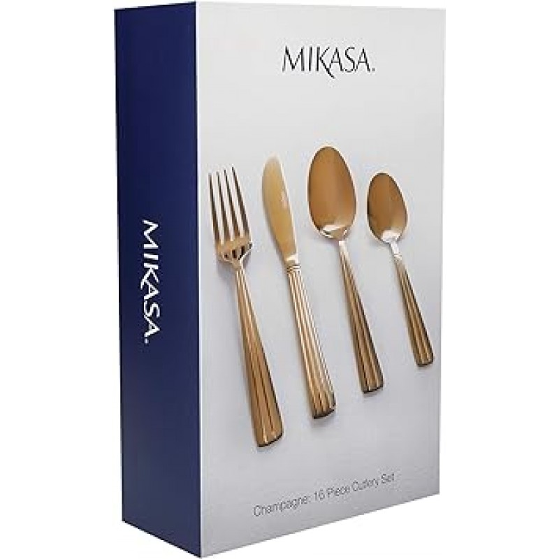 Mikasa 골드 칼 붙이 세트 선물 상자 포함, 스테인레스 스틸, 16 개 (4 인분 대응)