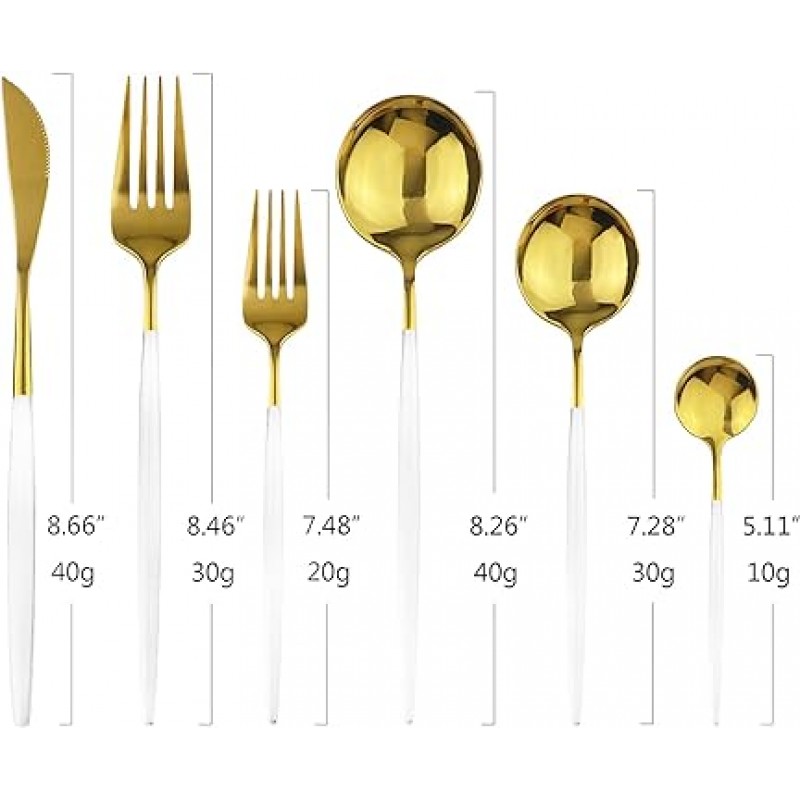 Snplowum 36 개은 식기 경면 연마 마무리 디너웨어 골드 식기 화이트 핸들 18/0 스테인레스 스틸 칼집 세트 홈 주방 파티 호텔 레스토랑 웨딩 서비스 6 인용