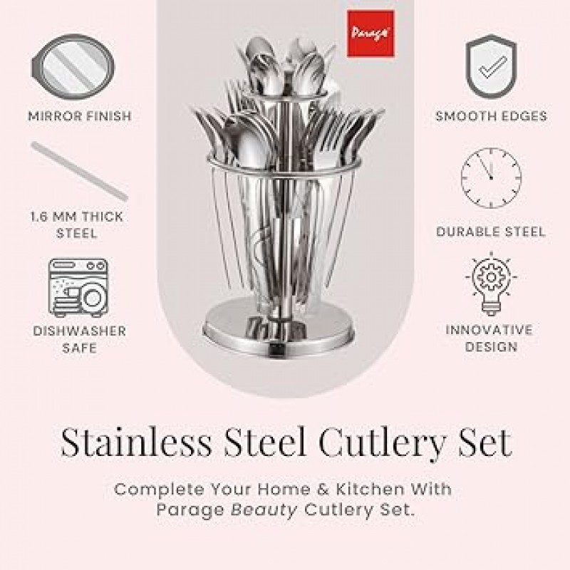 Parage Beauty 스테인리스 스틸 칼 붙이 세트 - 24개 세트 (테이블 스푼 6개, 포크 6개, 티스푼 6개, 디너 스푼 6개, 스탠드 1개)