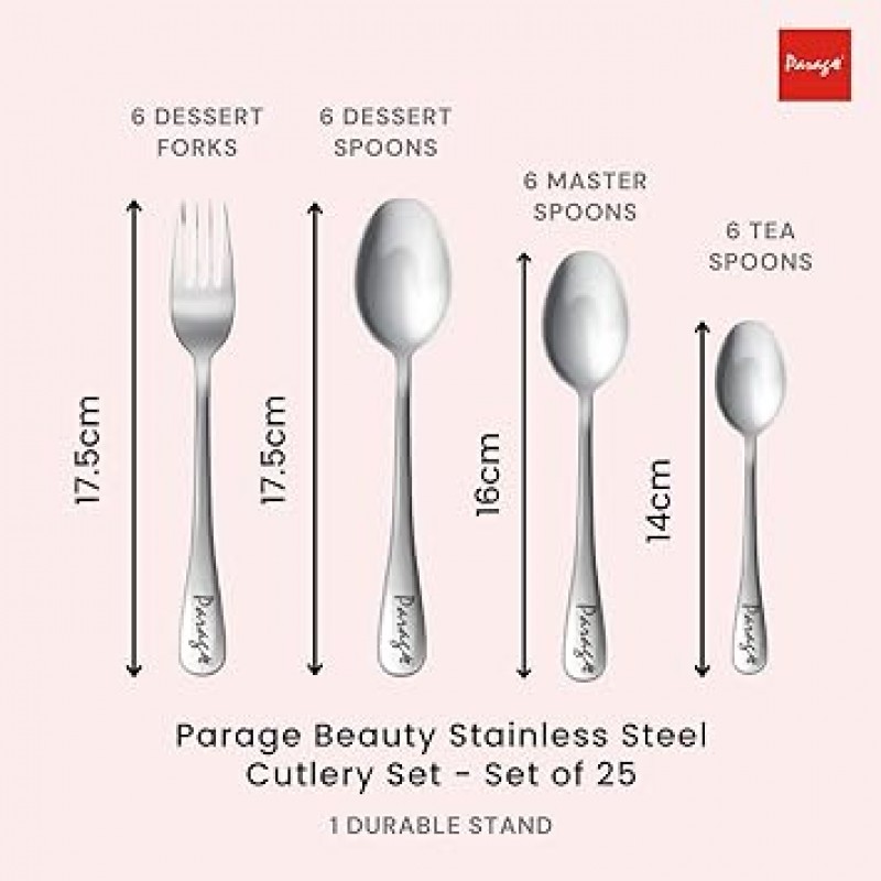 Parage Beauty 스테인리스 스틸 칼 붙이 세트 - 24개 세트 (테이블 스푼 6개, 포크 6개, 티스푼 6개, 디너 스푼 6개, 스탠드 1개)