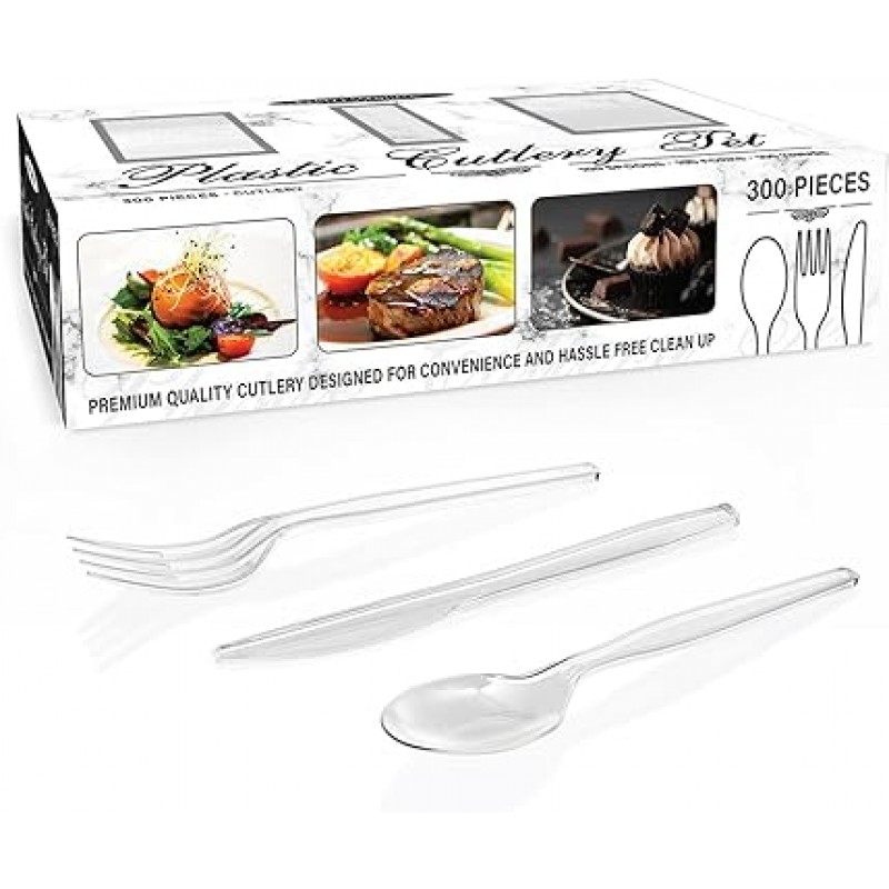 파티 Essentials Heavy Duty 플라스틱 칼집 상자 세트 with 풀 사이즈 칼/포크/숟가락, 클리어, 100 Place setting-count