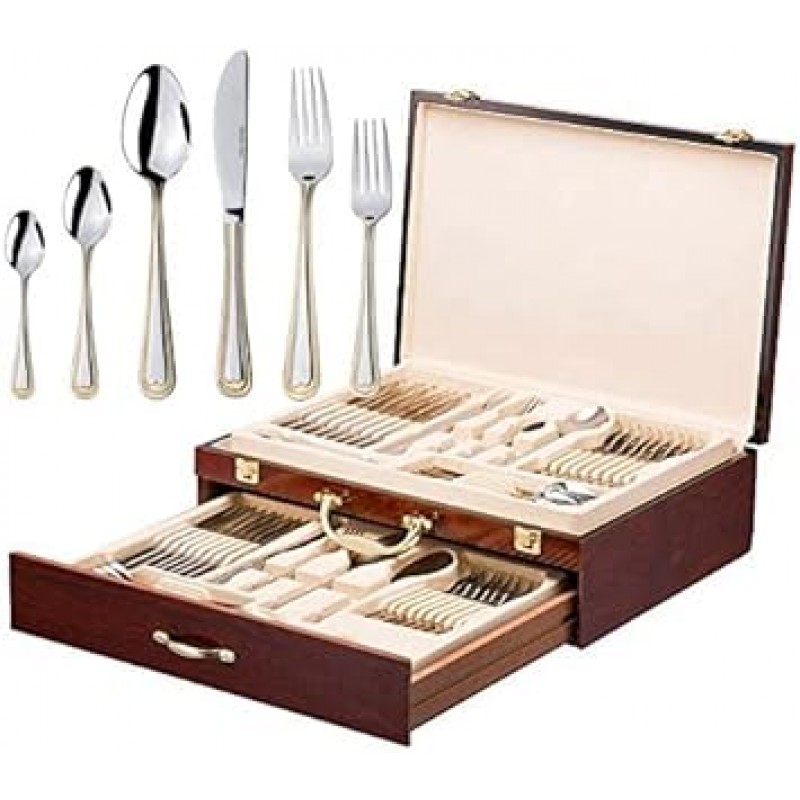 이탈리아 컬렉션 Verona 75-piece Surgical 18 / 10 스테인레스 스틸 Flatware Set with 24 K 금도금 Hostess Serving Set in a 케이스