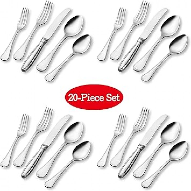 UPware 20 개 18/8 스테인레스 스틸 플랫웨어 세트 쉘 엣지 4 인용 나이프 / 포크 / 숟가락 / 티스푼 / 샐러드 포크 포함 경면 마무리 식기 세척기 대응