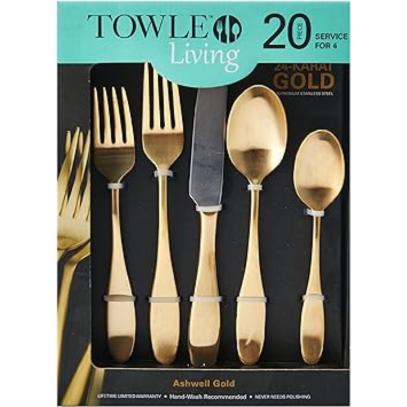 Towle Living 20피스 애쉬웰 금 단조 스테인리스 스틸 식기 세트(4개 세트), Silver by Towle Living