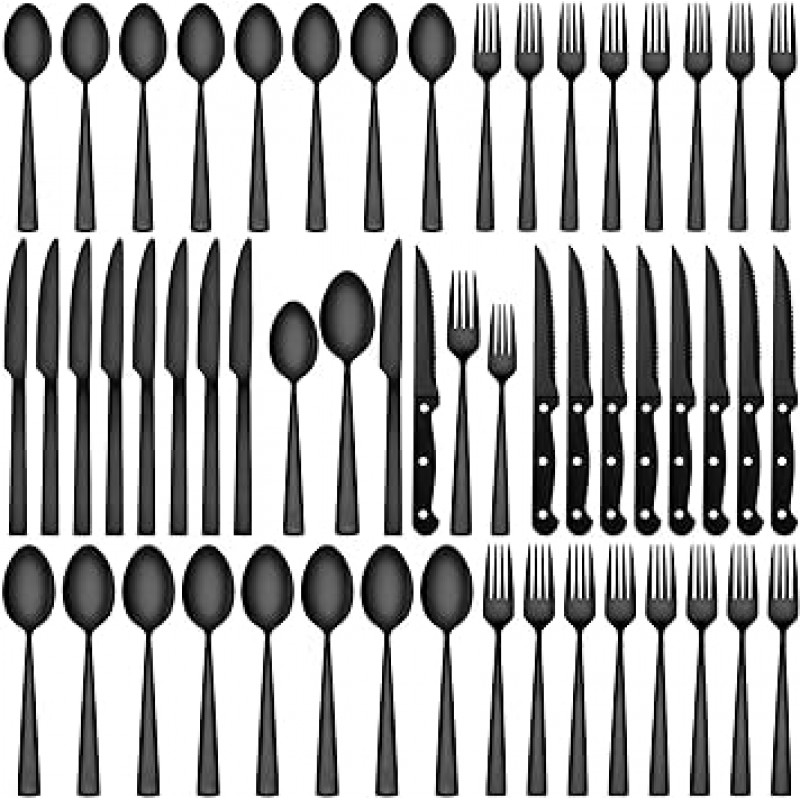 스테이크 나이프가 포함된 12인용 72피스 블랙 은식기 세트, 12인용 CEKEE 스테인리스 스틸 블랙 플랫웨어 세트, 홈 레스토랑 호텔용 주방 용품 세트, 거울 광택 및 헤비 듀티 커트러리 세트