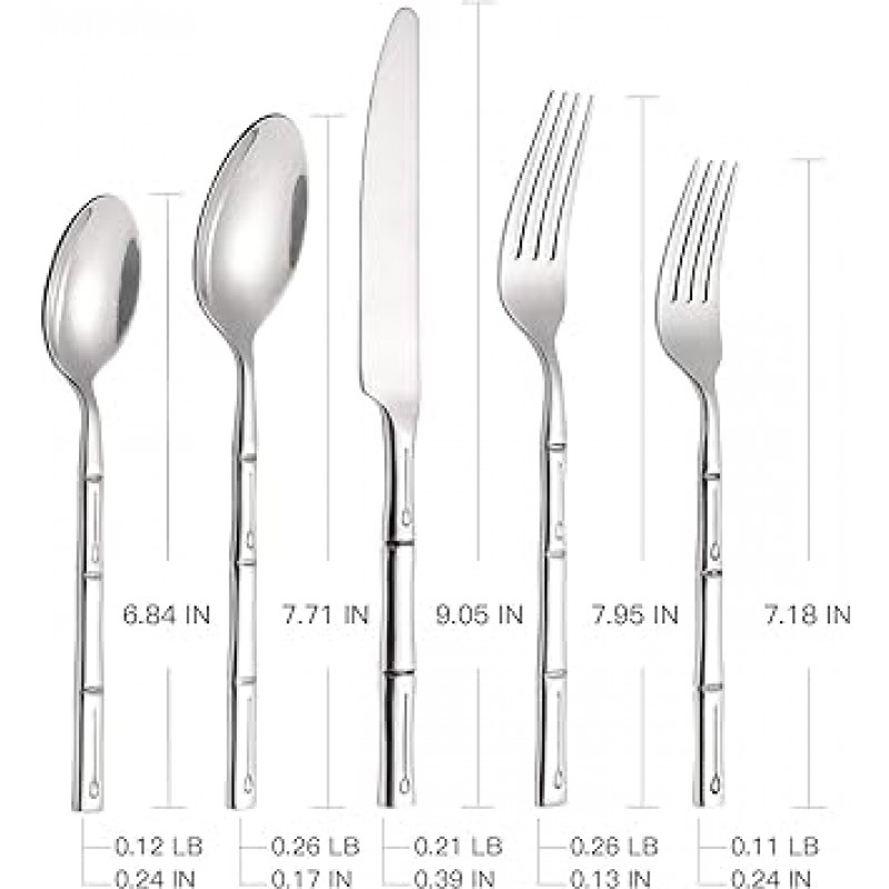 Kelenfer 실버 웨어 세트 20점 플랫 웨어 세트 스테인리스 스틸 대나무 손잡이 칼 붙이 단조 서비스