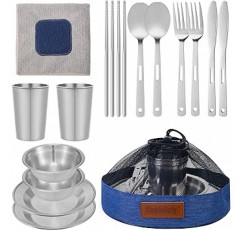 캠핑 용품 및 접시 연마 스테인레스 스틸 접시 세트 | 식기 | 캠프 | 컵 | 플레이트 | 그릇 | 수저 | 메쉬 가방 포함