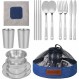 캠핑 용품 및 접시 연마 스테인레스 스틸 접시 세트 | 식기 | 캠프 | 컵 | 플레이트 | 그릇 | 수저 | 메쉬 가방 포함