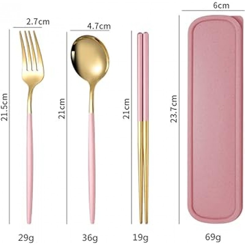 수저세트, 스테인리스, 젓가락, 포크, 수저, 케이스포함 3종세트, 콤비네이션세트, 야외용, 휴대용식기세트, 위생용, 학생용, 성인용, 식기세트, 도시락통, 통근용, 통학용, 도시락, 캠핑용 , 휴대용, 선물용, 핑크 골드