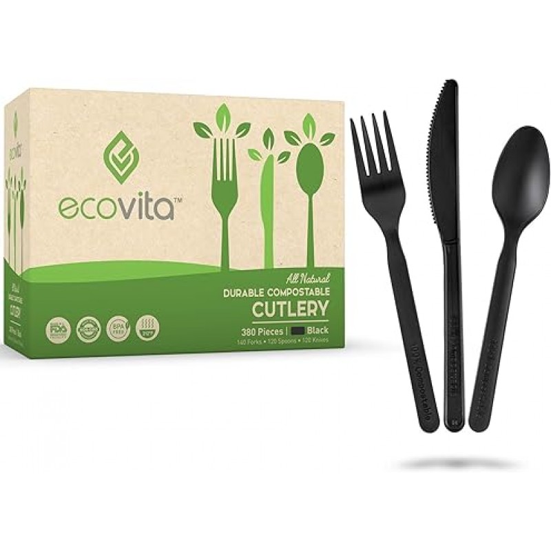 Ecovita 100% 퇴비화 가능한 포크 숟가락 칼 칼 붙이 콤보 세트 - 380 대형 일회용 식기 (7 인치) 친환경 튼튼하고 내열성 플라스틱은 식기 대체품 편리한 트레이 포함