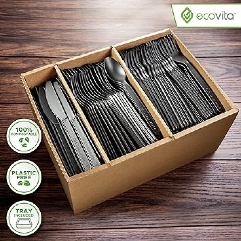 Ecovita 100% 퇴비화 가능한 포크 숟가락 칼 칼 붙이 콤보 세트 - 380 대형 일회용 식기 (7 인치) 친환경 튼튼하고 내열성 플라스틱은 식기 대체품 편리한 트레이 포함