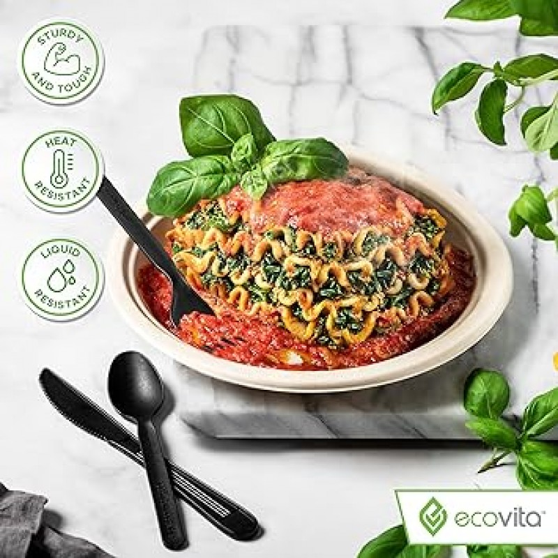 Ecovita 100% 퇴비화 가능한 포크 숟가락 칼 칼 붙이 콤보 세트 - 380 대형 일회용 식기 (7 인치) 친환경 튼튼하고 내열성 플라스틱은 식기 대체품 편리한 트레이 포함