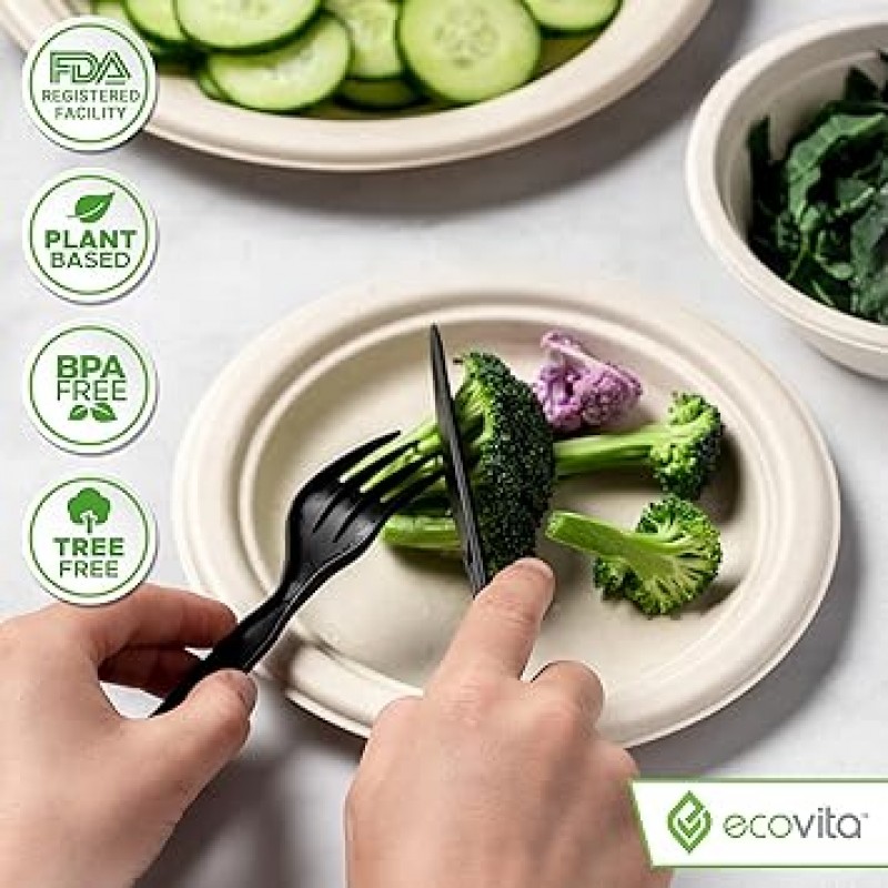 Ecovita 100% 퇴비화 가능한 포크 숟가락 칼 칼 붙이 콤보 세트 - 380 대형 일회용 식기 (7 인치) 친환경 튼튼하고 내열성 플라스틱은 식기 대체품 편리한 트레이 포함