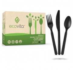 Ecovita 100% 퇴비화 가능한 포크 숟가락 칼 칼 붙이 콤보 세트 - 380 대형 일회용 식기 (7 인치) 친환경 튼튼하고 내열성 플라스틱은 식기 대체품 편리한 트레이 포함