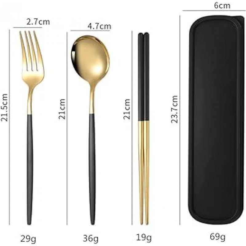 수저세트, 스테인리스, 젓가락, 포크, 수저, 케이스포함 3종세트, 콤비네이션세트, 야외용, 휴대용식기세트, 위생용, 학생용, 성인용, 식기세트, 도시락통, 통근용, 통학용, 도시락, 캠핑용 , 휴대용, 선물, 블랙 골드
