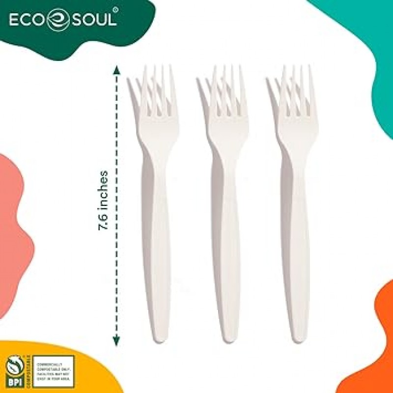 ECO SOUL 퇴비화 가능한 프리미엄 그레이드 포크 세트 I 100% 친환경 일회용 포크 세트 콤보 팩 100개 세트 강하고 튼튼한 식기