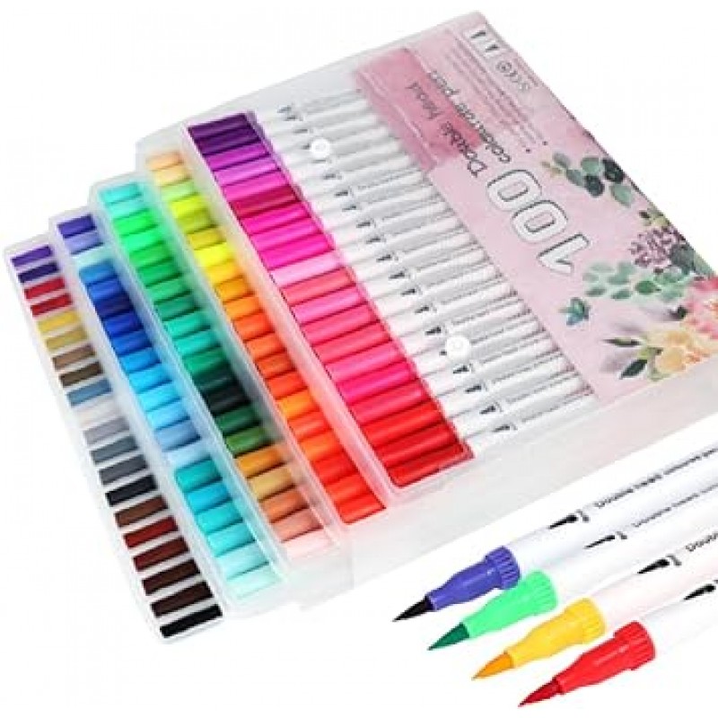 fplapine 컬러 펜, 100 색 세트, 수채화 펜, 수채화 브러시, 일러스트 펜, 아트 마커 펜, Fine & Bold, 브러시 펜, 컬러링, 사무용품, 필기구, 보관 케이스 포함
