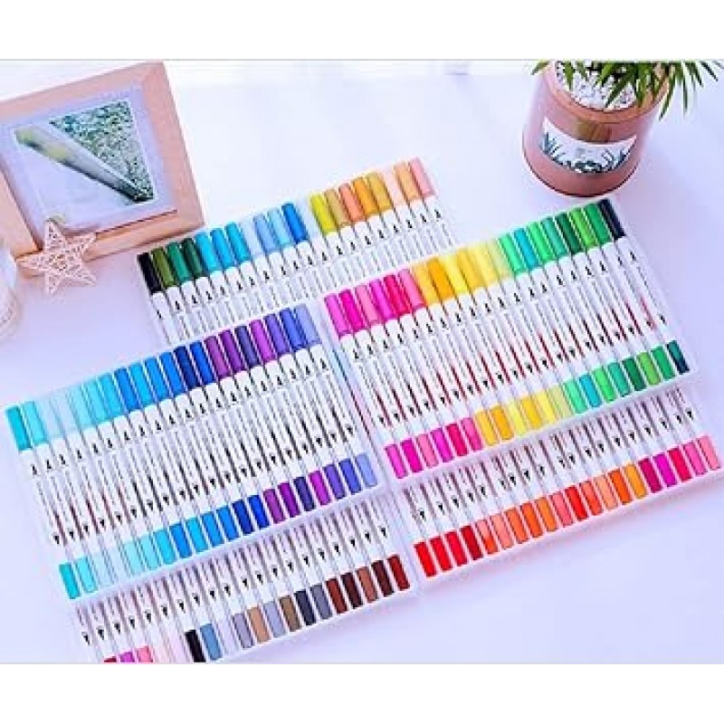 fplapine 컬러 펜, 100 색 세트, 수채화 펜, 수채화 브러시, 일러스트 펜, 아트 마커 펜, Fine & Bold, 브러시 펜, 컬러링, 사무용품, 필기구, 보관 케이스 포함