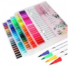 fplapine 컬러 펜, 100 색 세트, 수채화 펜, 수채화 브러시, 일러스트 펜, 아트 마커 펜, Fine & Bold, 브러시 펜, 컬러링, 사무용품, 필기구, 보관 케이스 포함