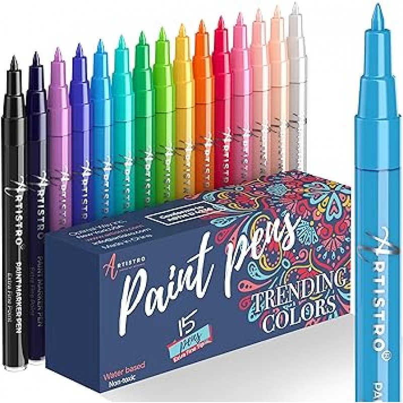 ARTISTRO Paint Pens 페인트 펜 잠금 페인팅 돌 자갈 세라믹 유리 목재 용 아크릴 페인트 마커 15 개 세트 극세 칩 0.7mm