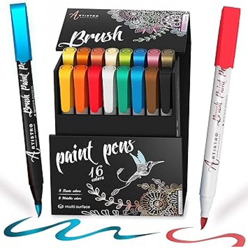Acrylic Paint Pens Brush Tip 아크릴 페인트 펜 브러쉬 팁 메탈릭 8 개 & 기본 색상 8 개 페인트 아트 마커 세트 붓글씨 붓 펜 스크랩북 브러시 레터링 카드 메이킹 스케치
