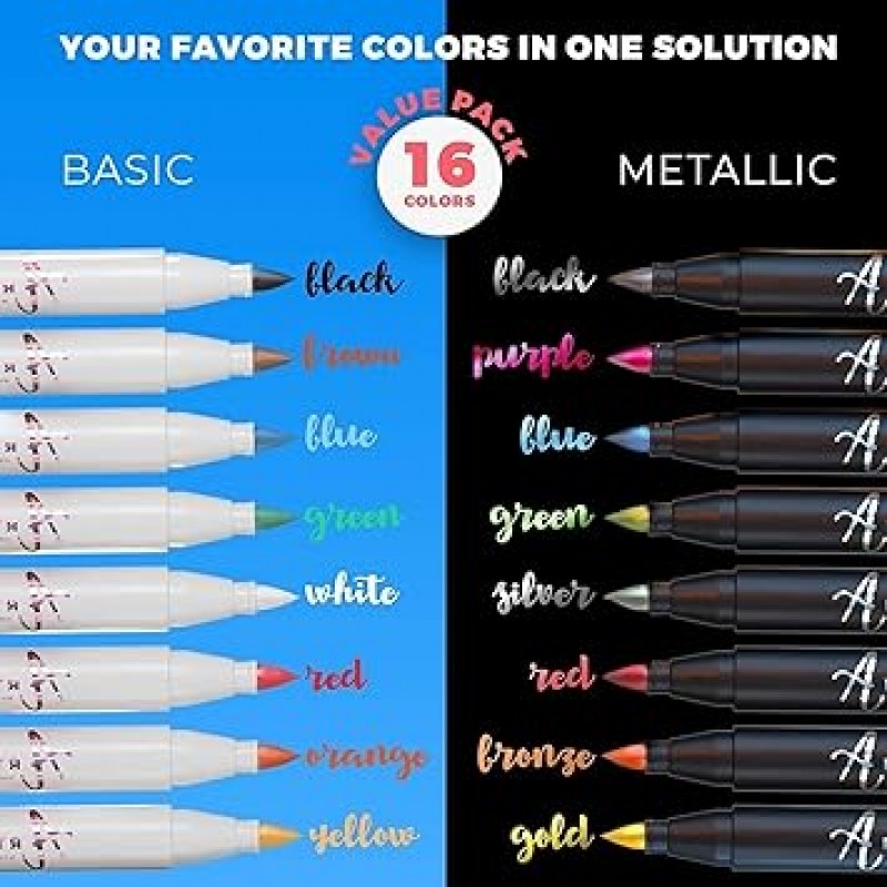 Acrylic Paint Pens Brush Tip 아크릴 페인트 펜 브러쉬 팁 메탈릭 8 개 & 기본 색상 8 개 페인트 아트 마커 세트 붓글씨 붓 펜 스크랩북 브러시 레터링 카드 메이킹 스케치