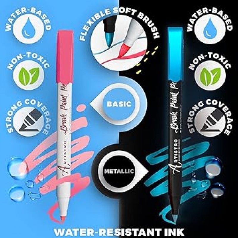 Acrylic Paint Pens Brush Tip 아크릴 페인트 펜 브러쉬 팁 메탈릭 8 개 & 기본 색상 8 개 페인트 아트 마커 세트 붓글씨 붓 펜 스크랩북 브러시 레터링 카드 메이킹 스케치