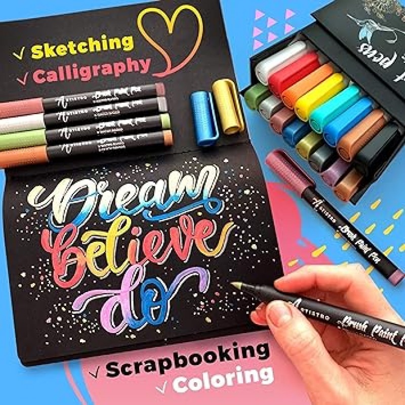 Acrylic Paint Pens Brush Tip 아크릴 페인트 펜 브러쉬 팁 메탈릭 8 개 & 기본 색상 8 개 페인트 아트 마커 세트 붓글씨 붓 펜 스크랩북 브러시 레터링 카드 메이킹 스케치
