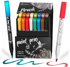 Acrylic Paint Pens Brush Tip 아크릴 페인트 펜 브러쉬 팁 메탈릭 8 개 & 기본 색상 8 개 페인트 아트 마커 세트 붓글씨 붓 펜 스크랩북 브러시 레터링 카드 메이킹 스케치