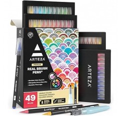 Arteza Real Brush Pen, 수채화용 48색, 채색, 서예 및 그림용 소프트 나일론 헤어 페인트 마커 - 초보자와 아티스트가 사용하기 쉽습니다.