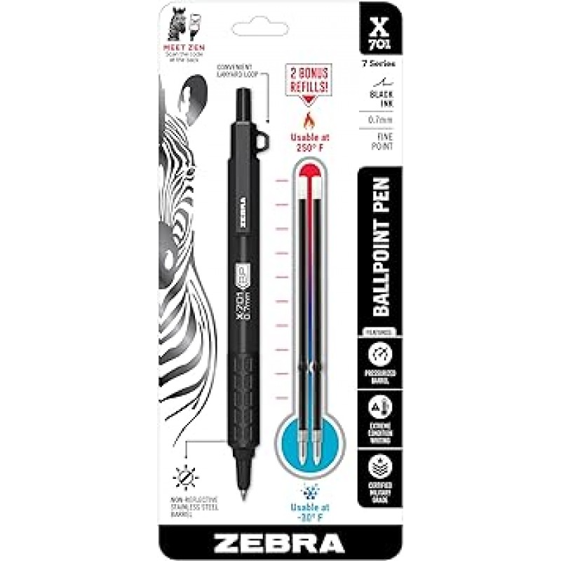 Zebra Pen X-701 택티컬 볼펜 보너스 리필 포함, 파인 포인트, 0.7mm, 검정 잉크, 1피스(29811)