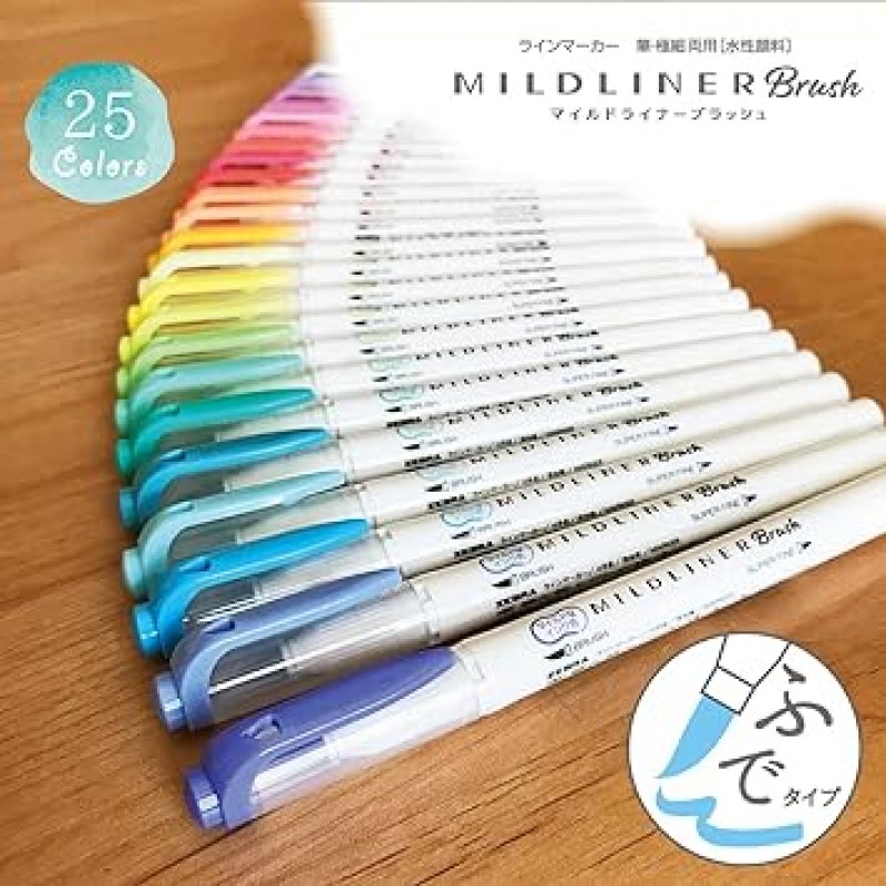Zebra WFT8-25C-BOX 형광펜, 브러시 펜, 마일드라이너 블러쉬, 25색, 박스 케이스 포함