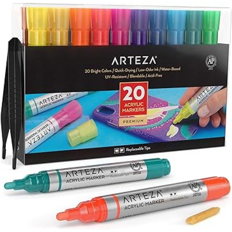Arteza 아크릴 페인트 마커, 교체 가능한 칩이있는 잠금, 캔버스, 유리, 도자기, 플라스틱 용 컬러 ​​펜 20 색 세트