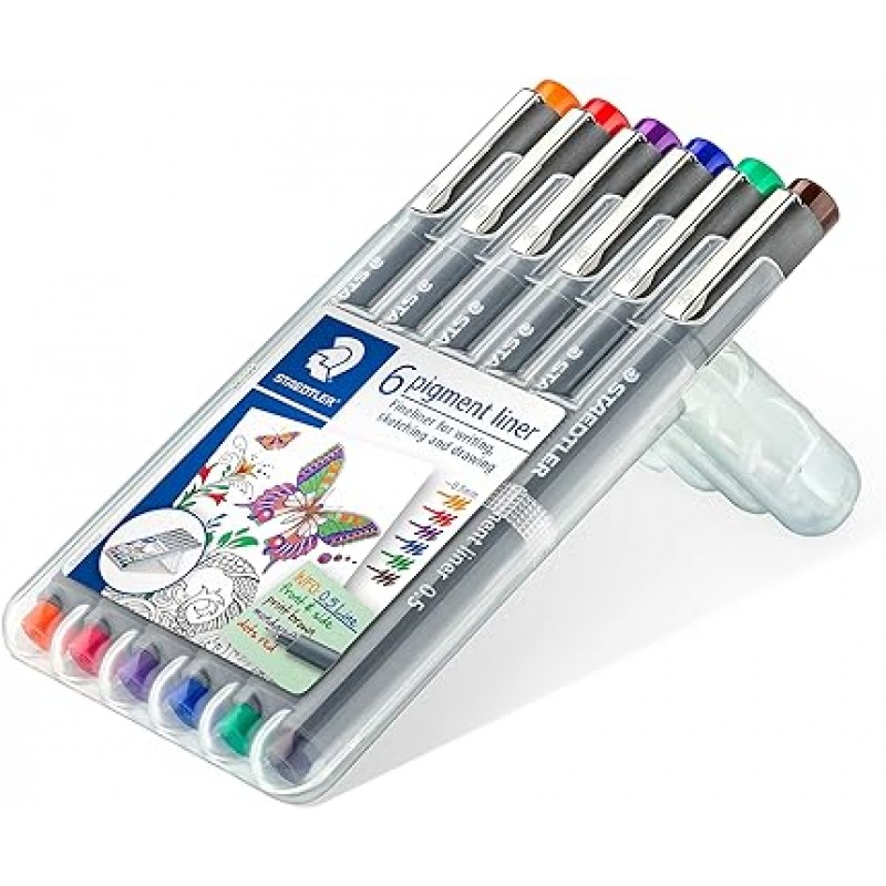 Staedtler 30805-SSB6 수성 펜, 안료 라이너, 선 쓰기 펜, 0.02인치(0.5mm), 6색