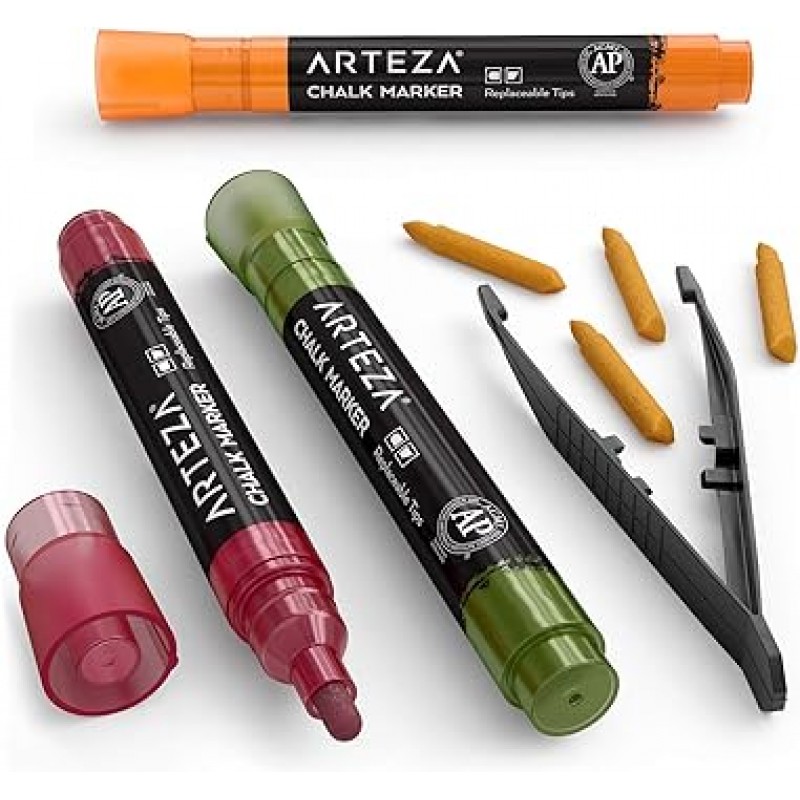 Arteza 액체 분필 마커 16개 세트(파스텔 색상 16개, 교체 가능한 치즐 팁 16개, 핀셋 1개, 라벨 50개, 스티커 스텐실 2개) - 수성 - 지울 수 있음 - 칠판 및 다중 표면 사용