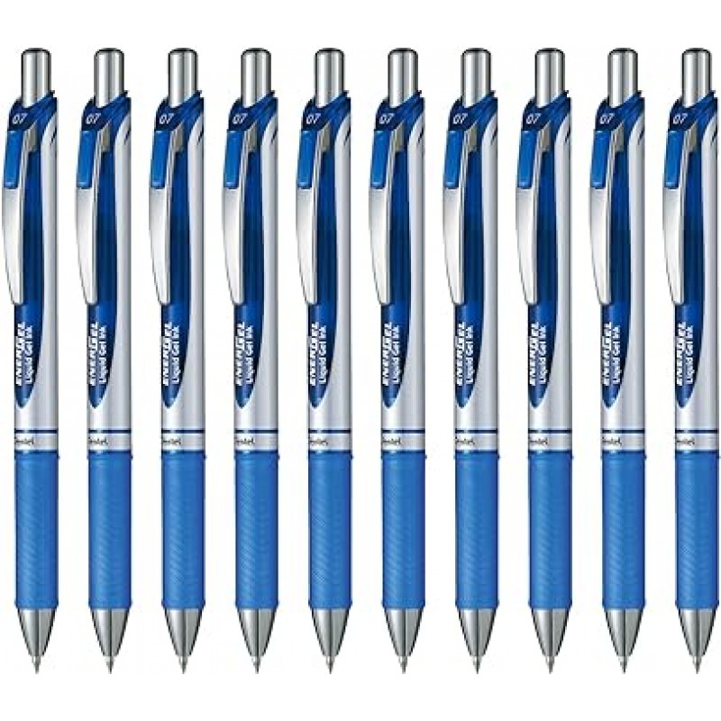 Pentel BL77-C EnerGel 잉크 볼펜, 0.03인치(0.7mm), 파란색, 10개, 0.03인치(0.7mm), 파란색(실버 샤프트)