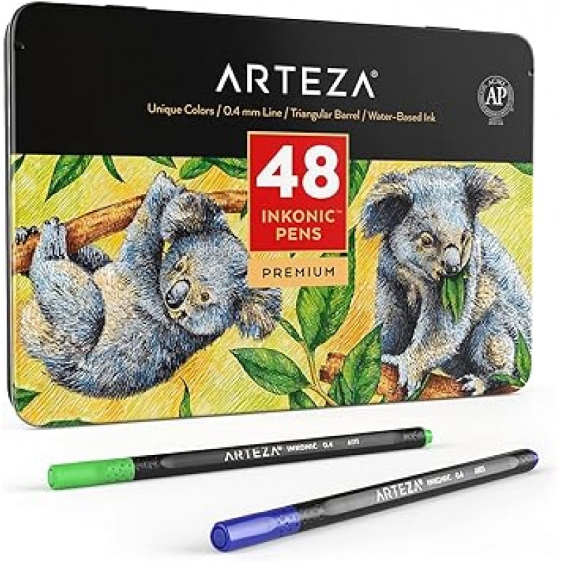 ARTEZA Inkonic Fineliner 파인 포인트 펜, 컬러 번호가 매겨진 파인 팁 마커, 48팩, 0.4mm 팁, 인체 공학적 배럴, 채색, 드로잉, 디테일링을 위한 생생한 모듬 색상