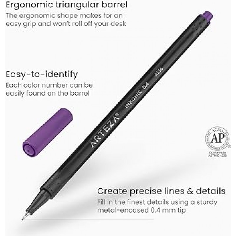 ARTEZA Inkonic Fineliner 파인 포인트 펜, 컬러 번호가 매겨진 파인 팁 마커, 48팩, 0.4mm 팁, 인체 공학적 배럴, 채색, 드로잉, 디테일링을 위한 생생한 모듬 색상