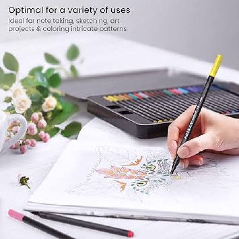 ARTEZA Inkonic Fineliner 파인 포인트 펜, 컬러 번호가 매겨진 파인 팁 마커, 48팩, 0.4mm 팁, 인체 공학적 배럴, 채색, 드로잉, 디테일링을 위한 생생한 모듬 색상