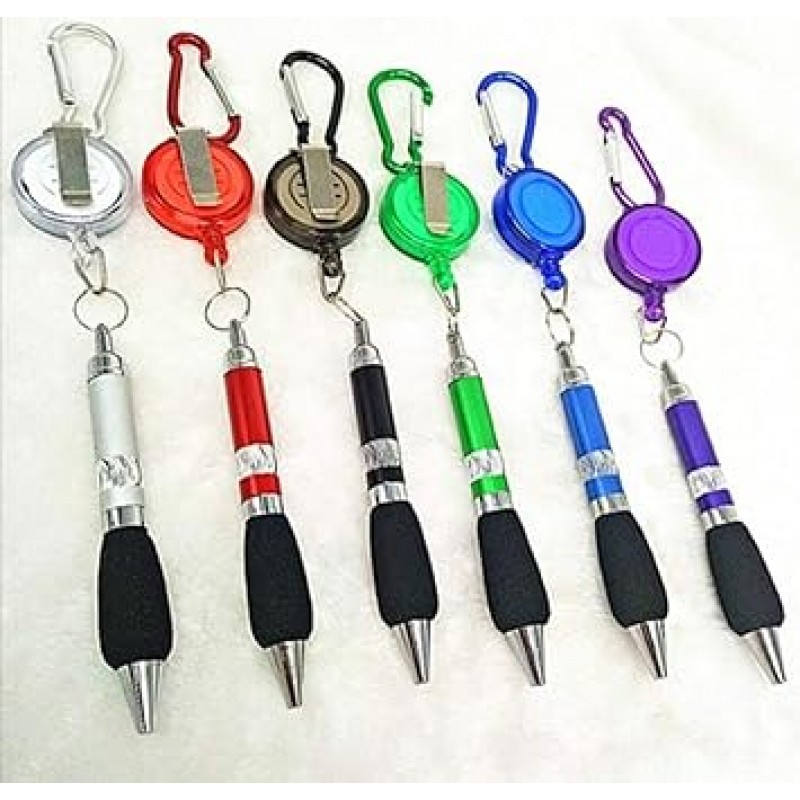 릴이 달린 볼펜, 카라비너 ​​포함, 6가지 색상, 12가지 펜(잉크색, 파란색), 릴, 카라비너가 포함되어 있어 야외 활동, 녹음, 스포츠 이벤트 녹음, 오리엔티어링, 녹음, 공공시설, 병원 등에서 사용할 수 있습니다. , 이벤트, 설문 조사, 편리한