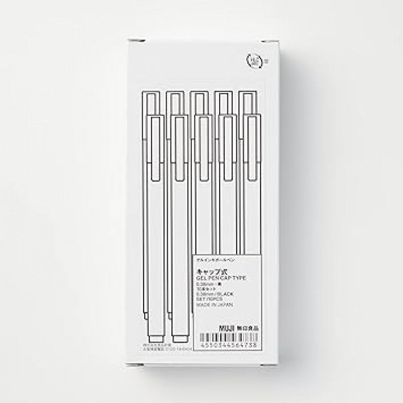 MUJI 44564738 젤 잉크 볼펜, 캡 타입, 10개 세트, 0.01인치(0.38mm), 블랙