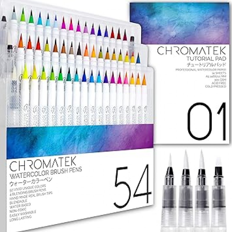 Chromatek 54색 워터 컬러 펜 및 15페이지 패드 리얼 브러시 펜 4가지 블렌딩 브러시 블렌딩하기 쉬운 생동감 있고 부드러운 50가지 독특한 색상 전문 미술 용품