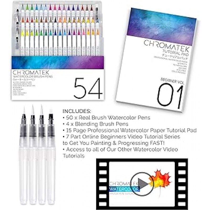 Chromatek 54색 워터 컬러 펜 및 15페이지 패드 리얼 브러시 펜 4가지 블렌딩 브러시 블렌딩하기 쉬운 생동감 있고 부드러운 50가지 독특한 색상 전문 미술 용품