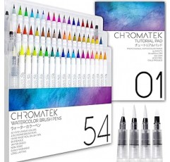 Chromatek 54색 워터 컬러 펜 및 15페이지 패드 리얼 브러시 펜 4가지 블렌딩 브러시 블렌딩하기 쉬운 생동감 있고 부드러운 50가지 독특한 색상 전문 미술 용품