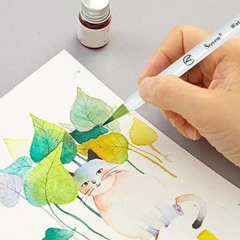 SAIVEN (사이벤) 수채화 붓 펜 50 개 진짜 붓 펜 아티스트와 초보자 페인터에서 색칠하기놀이 / 붓글씨 / 그리기 용 48 색 2 블렌딩 워터 브러쉬 펜 & 30 수채화 종이 (50)