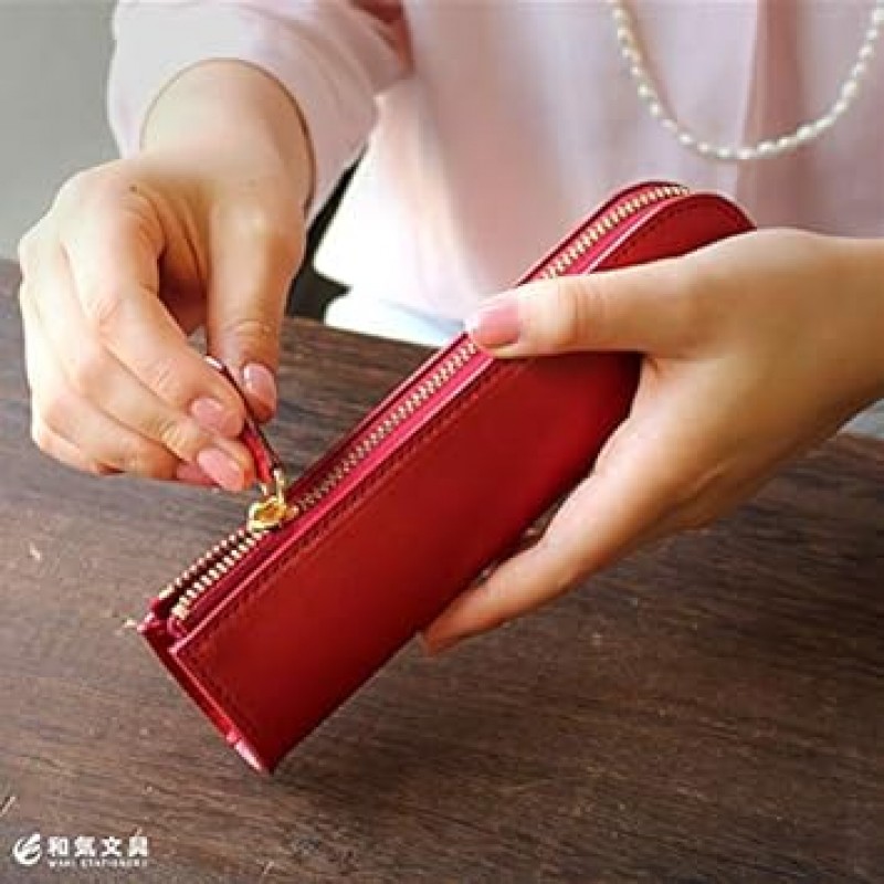 Wake Stationery 정품 가죽 무두질 가죽 L자형 지퍼 펜 케이스 레드